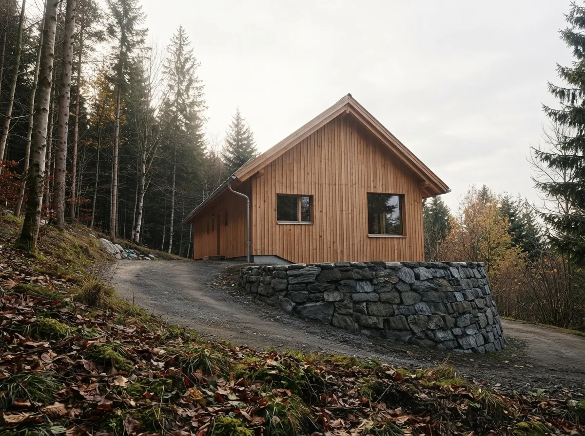 Two story cabin clad in fresh untreated vertical larch boards in a warm honey color, on a dry stone base beside a gravel track in a spruce forest