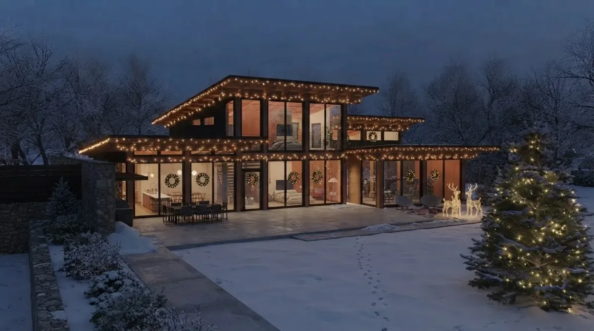 Flat roofed timber and glass house in snow at dusk with warm white lights along every roof edge, wreaths on the glazing and a decorated fir tree lit in the garden beside the drive