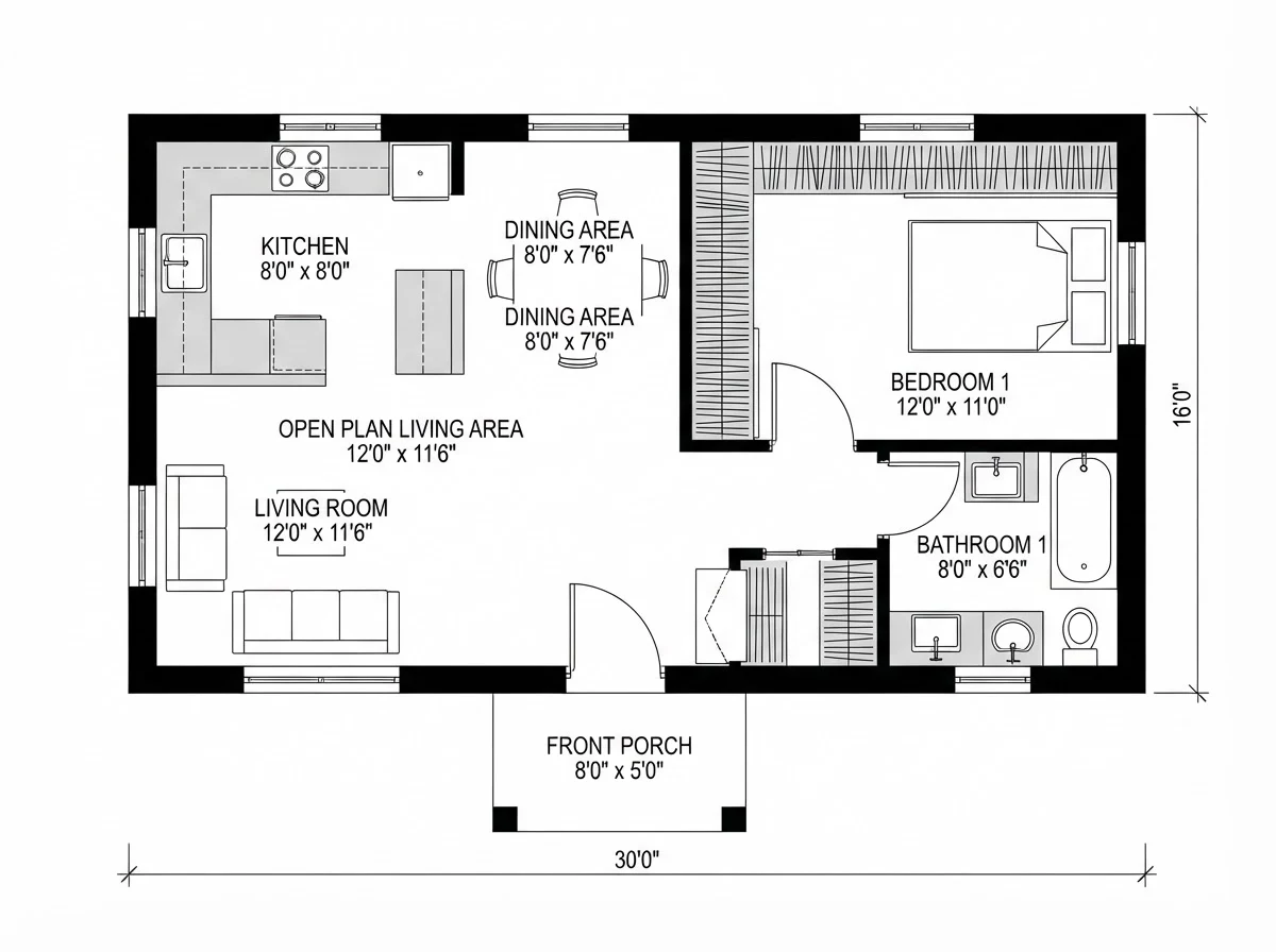 Floor plan of a 30 by 16 foot one bedroom unit: open plan living and kitchen on the left, a 12 by 11 foot bedroom with a wall of closets on the right, a bathroom with a tub, and a small front porch
