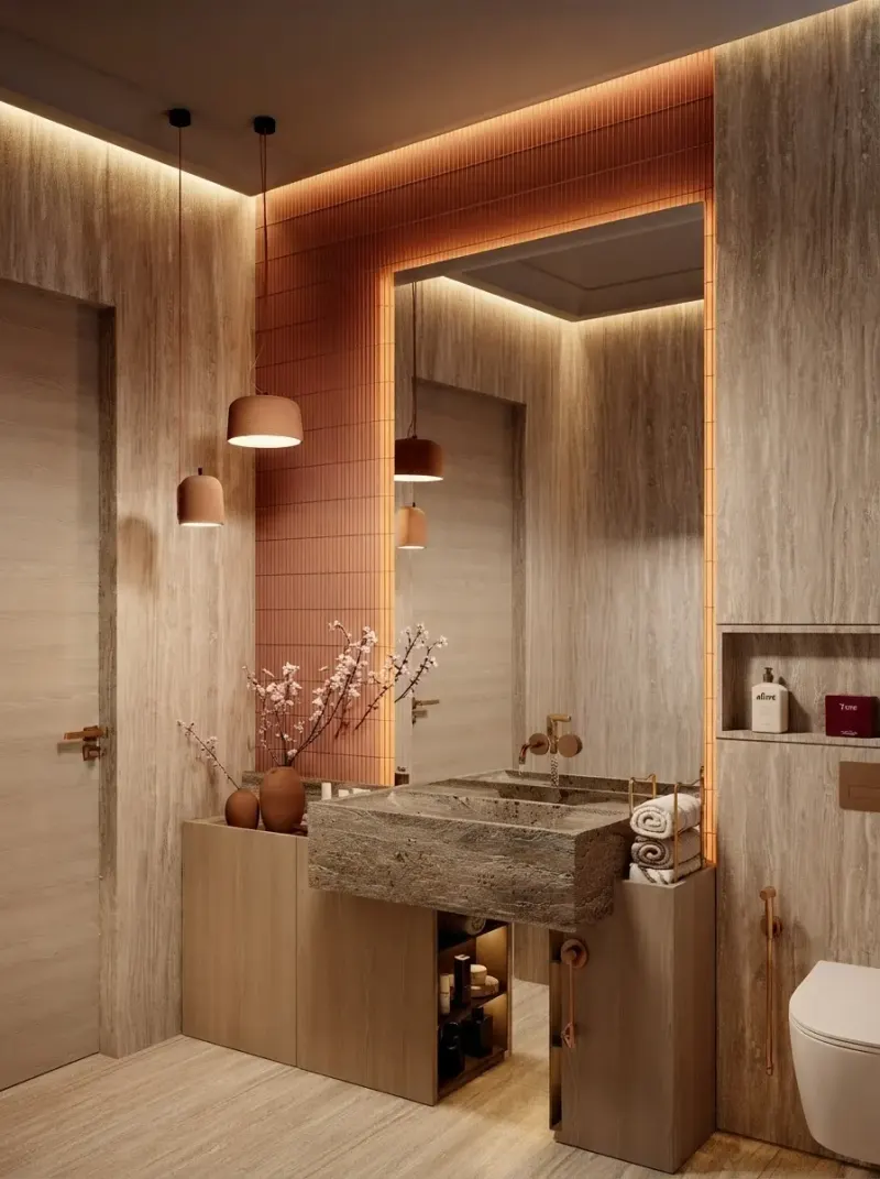 Bathroom designed with MeltFlex AI: Travertine & Blush Bathroom