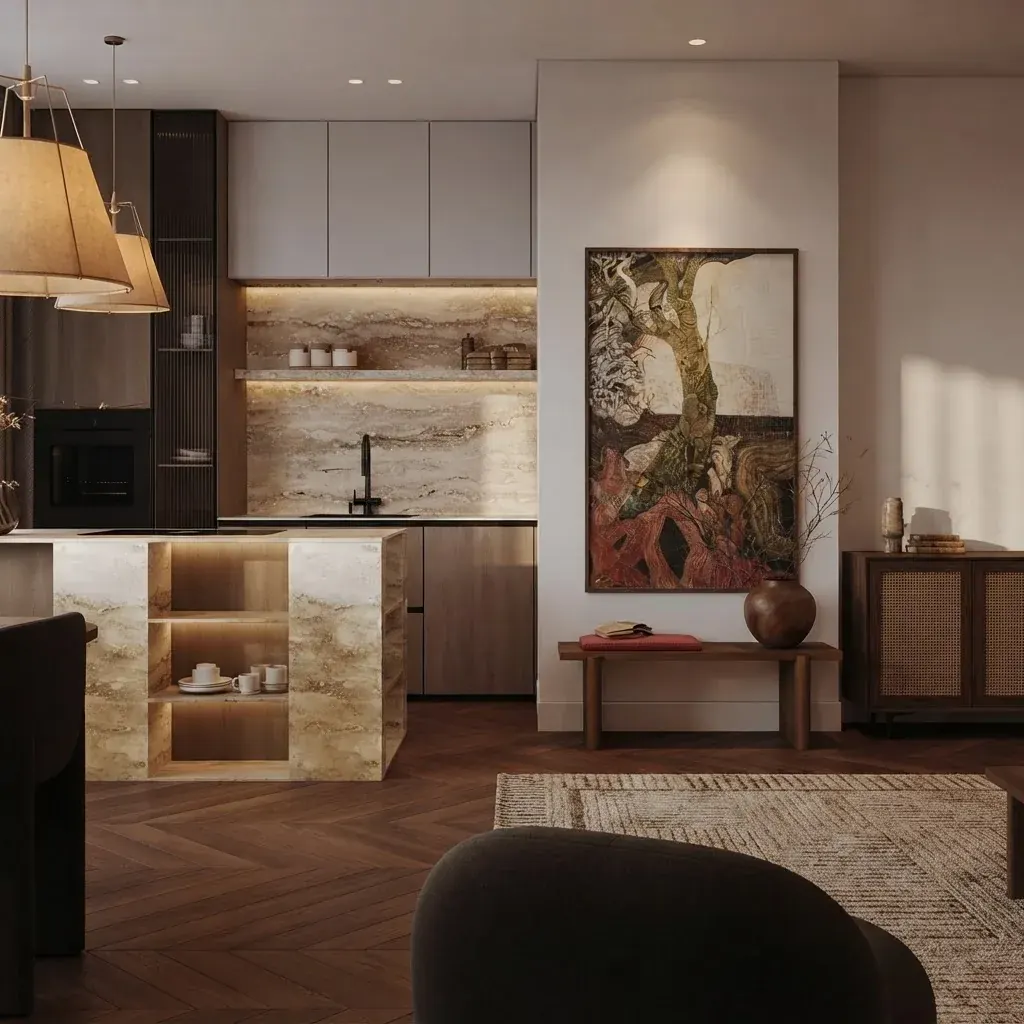 Kitchen with a travertine island containing backlit open niches, dark walnut cabinetry, a black tap, a large framed botanical artwork, a timber bench and a rattan sideboard on a herringbone floor