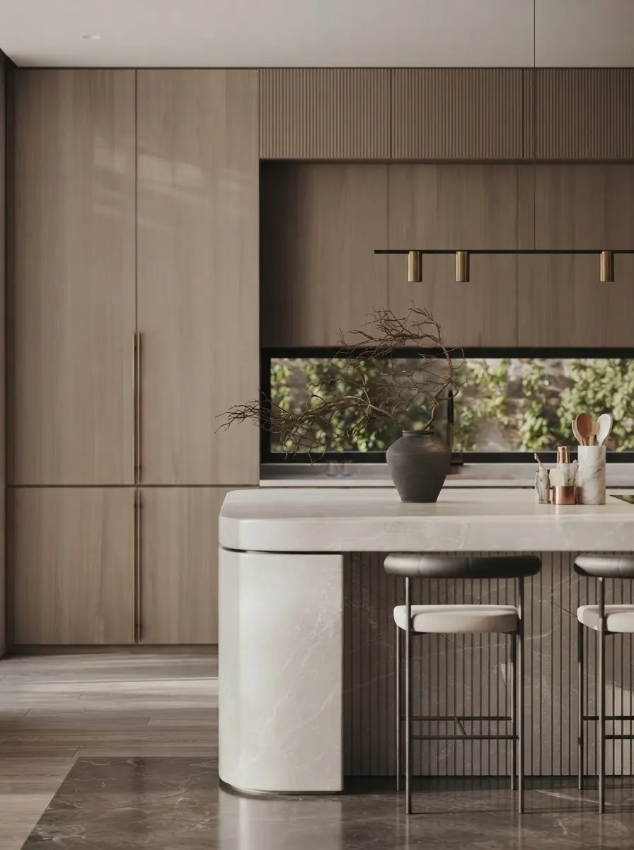 Warm minimal kitchen with oak slab cabinets, a long window strip backsplash, brass pendant rail lights and a pale stone island with a rounded bullnose end and fluted base