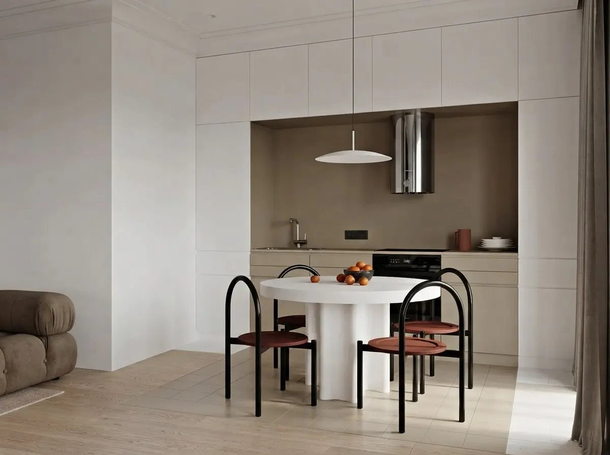 A small dining corner with a round white pedestal table and black tubular metal chairs with rust seats, a disc pendant light above and white kitchen cabinets behind