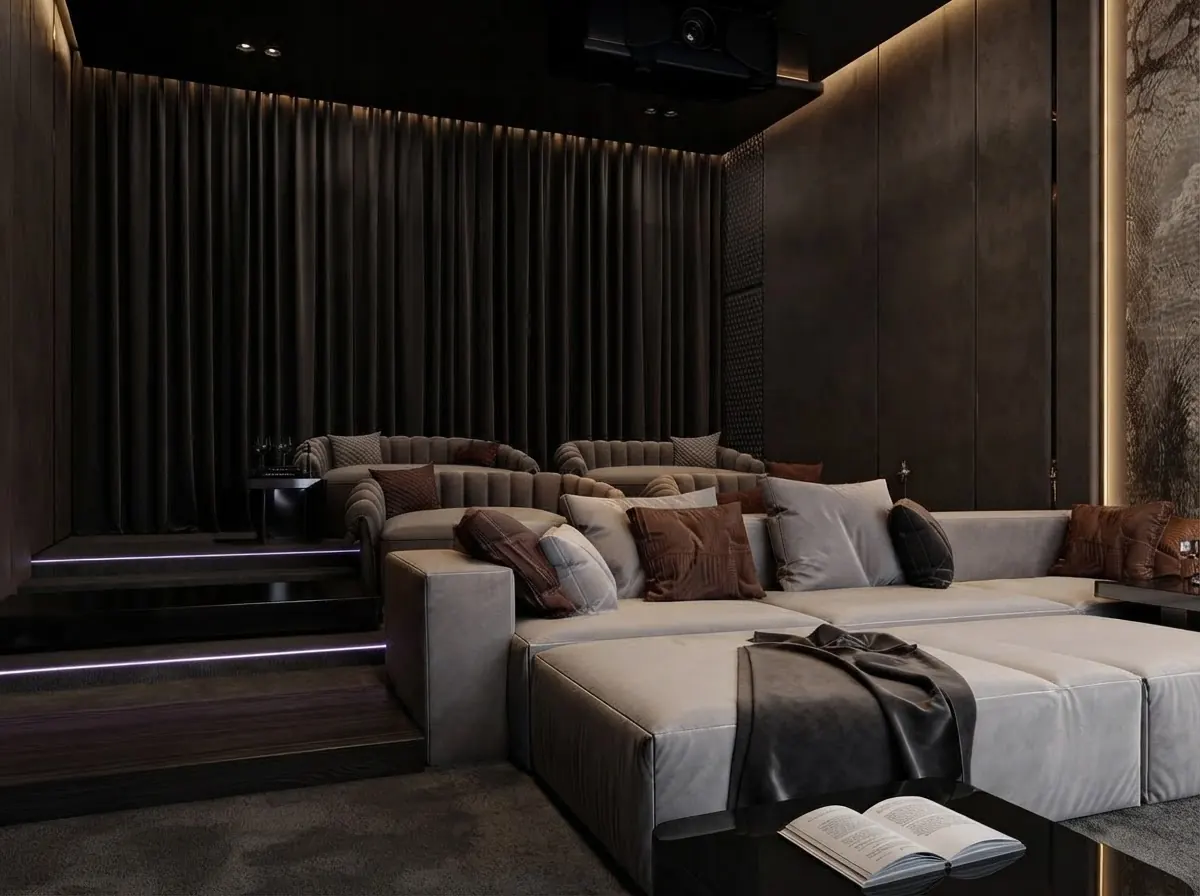 Dark media lounge with full height charcoal velvet drapes along one wall, a stepped platform and a deep grey modular sofa with scattered cushions