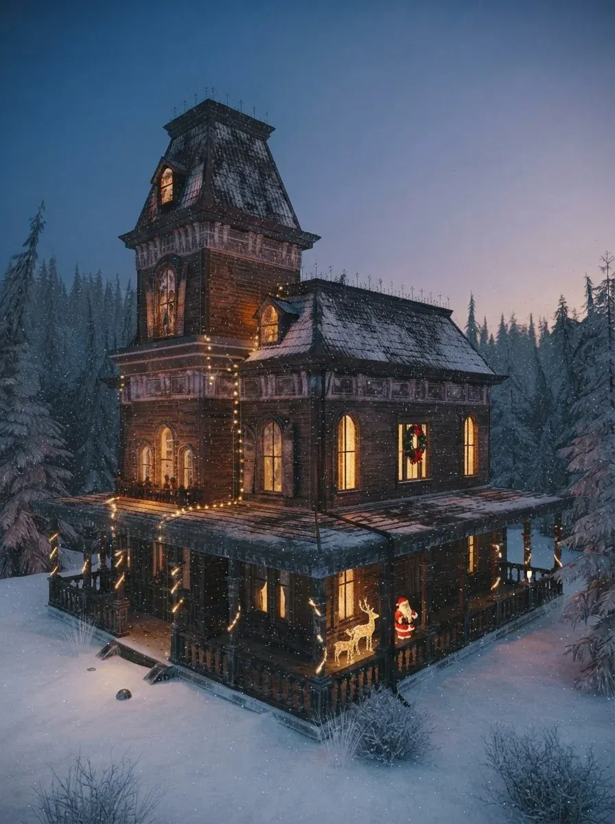 Tall Victorian timber mansion in a snowy pine forest at dusk with warm lights along every porch rail and gable and glowing windows