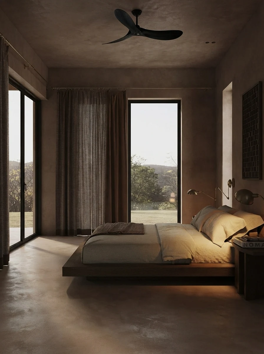 The same clay plaster bedroom seen from the doorway, with the black ceiling fan centred over the low bed and light falling through full height garden doors