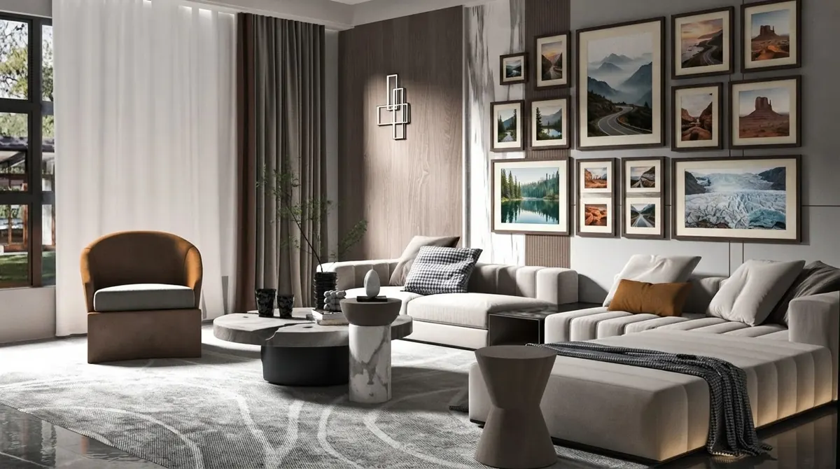 Living room with a curved cream sofa and a large salon-style wall of landscape photographs in dark walnut frames