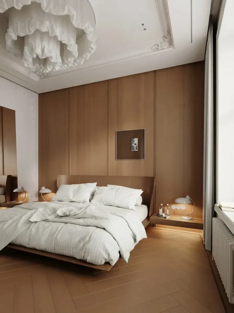 Bedroom designed with MeltFlex AI: Walnut Panel Bedroom