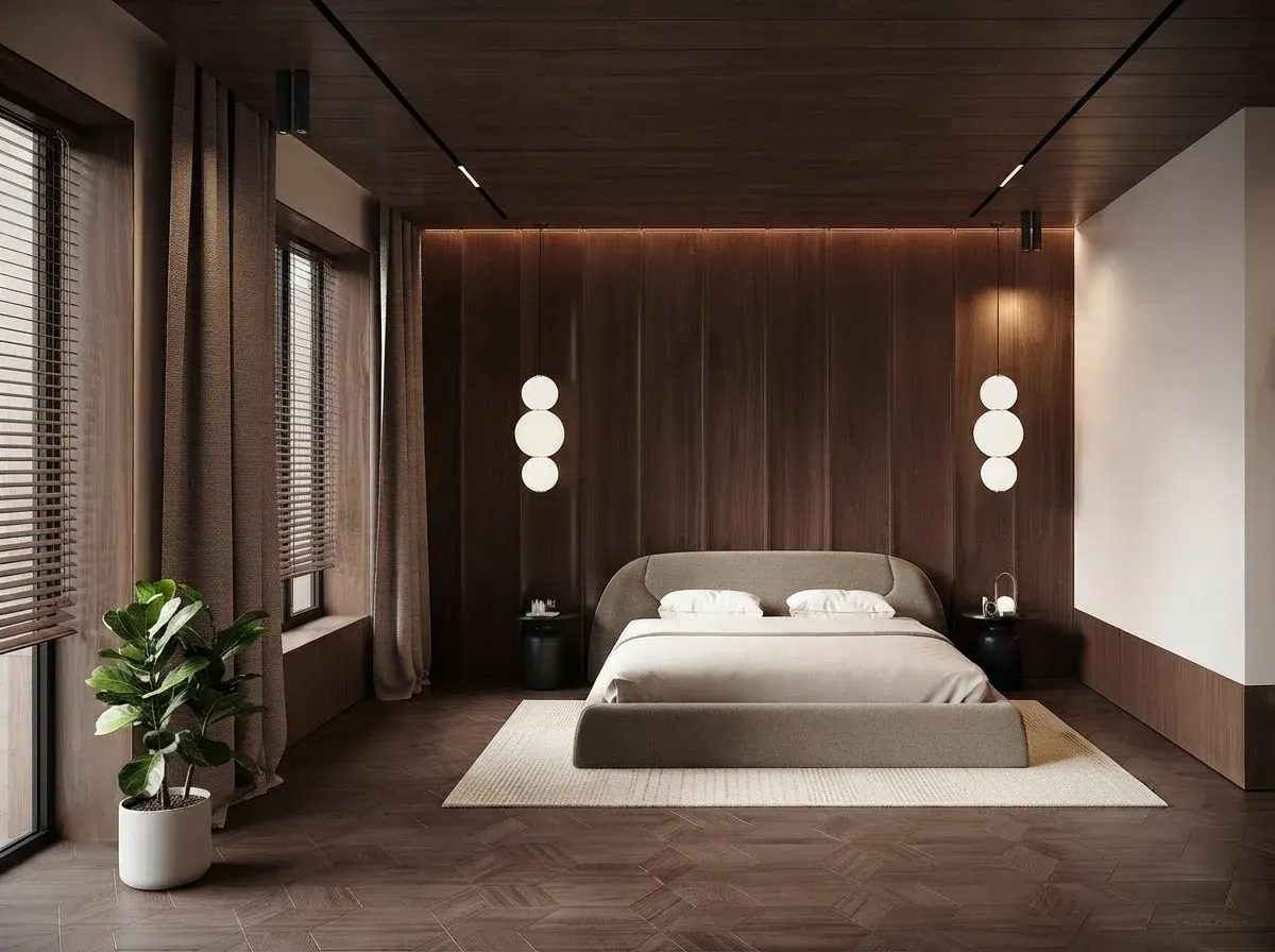 Mid-century modern bedroom interior design: full-height walnut panelled walls, stacked globe pendants either side of a low upholstered bed and a cream rug on a dark wood floor