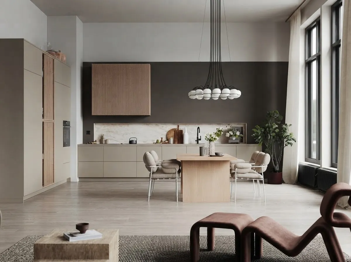 Open plan kitchen with warm white slab cabinets, a dark brown accent wall, a fluted wood range hood panel, a light oak dining table with gray chairs, a cluster pendant light and tall black framed windows