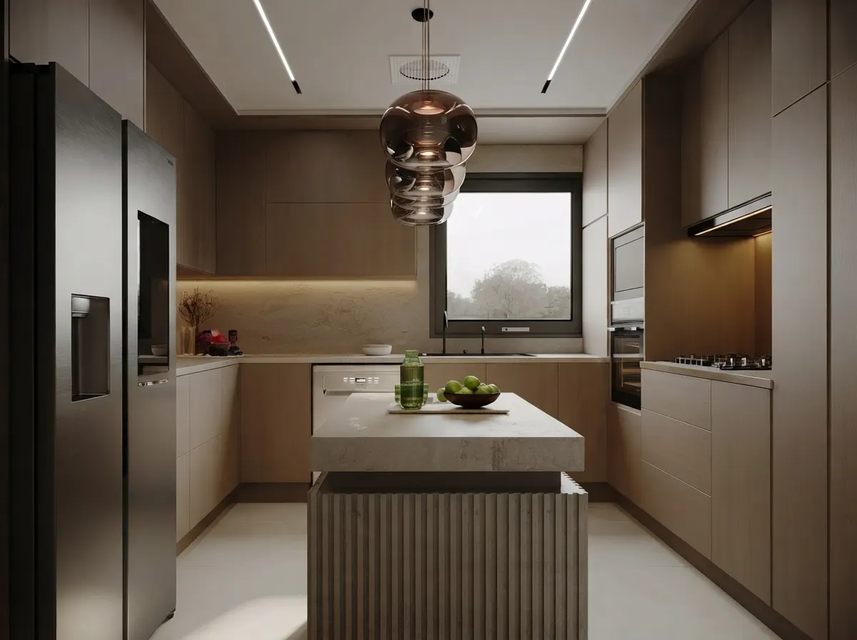 Narrow kitchen with cabinet runs on both walls and a central island, showing the two work aisles either side of the island