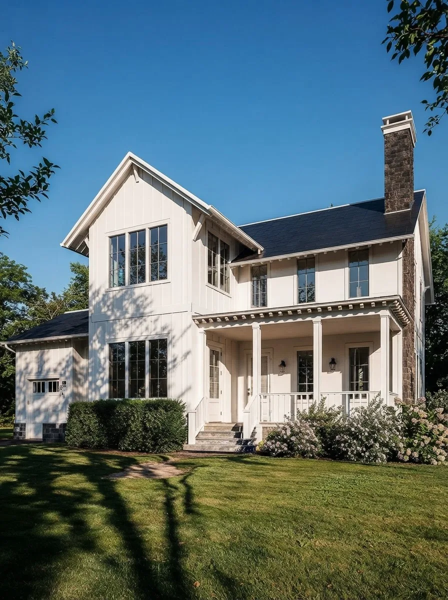 Two story white farmhouse clad in board and batten siding with a dark shingle roof, a stone chimney, black framed windows and a white covered front porch on a sunny lawn