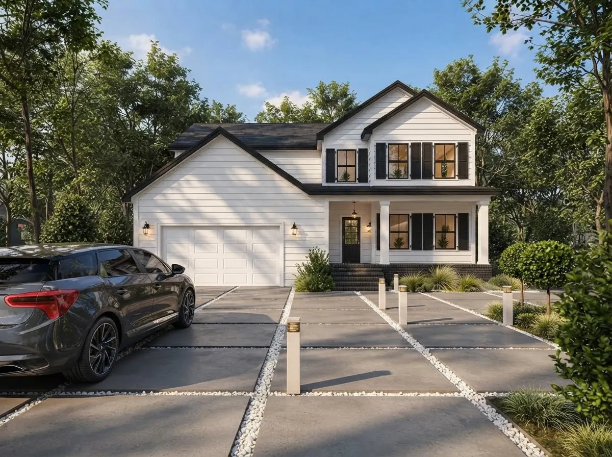 Two story white lap siding colonial with black shutters, a black front door under a small porch, a white garage and a paver driveway with a parked car