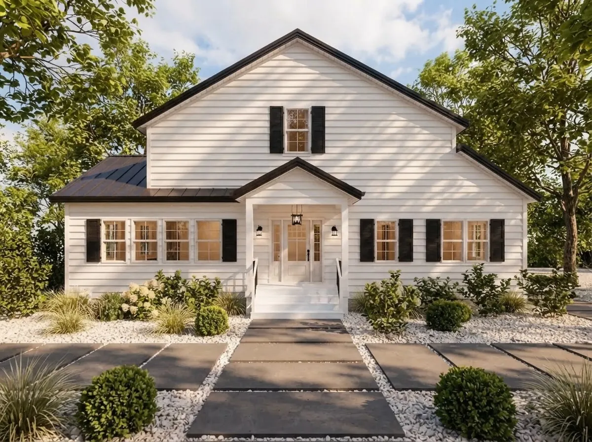 White lap siding colonial with black shutters, a gabled portico and a light colored front door at the top of white steps