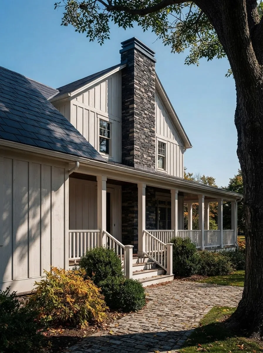 Close view of white board and batten siding on a farmhouse gable and wall, with the battens casting thin vertical shadows, a stacked stone chimney and a wraparound porch
