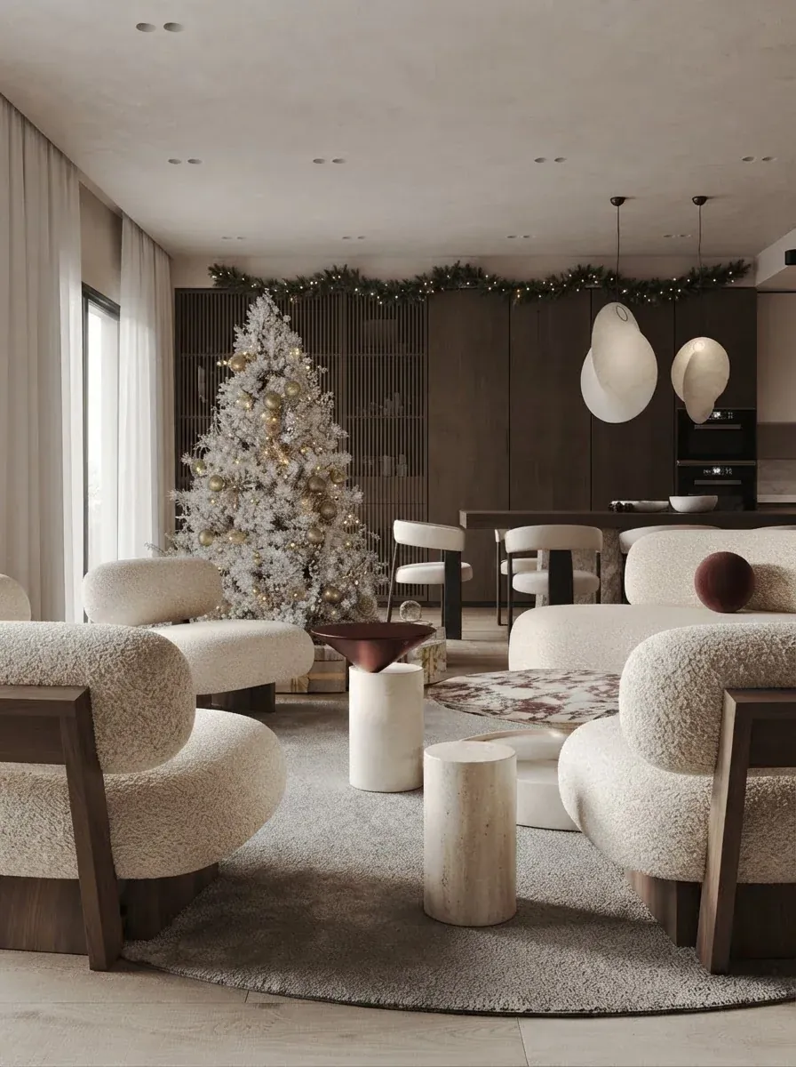 Cream lounge with curved boucle armchairs and travertine side tables, a white flocked Christmas tree with gold lights beside a dark timber kitchen with a pine garland along the cabinets