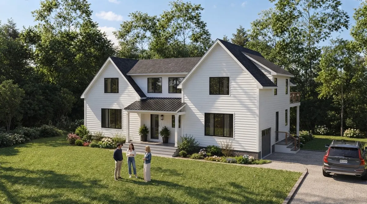 Two story white farmhouse with horizontal lap siding, black framed windows, a dark shingle roof and a small covered entry, with a family walking across the front lawn