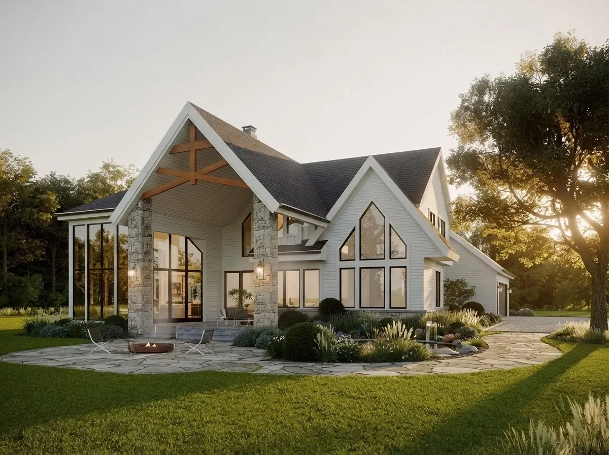 White board and batten modern farmhouse with steep black shingle gables, cedar timber trusses, stone piers, large black framed windows and a stone patio