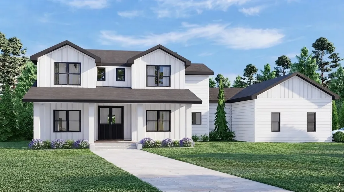 White modern farmhouse with board and batten siding, black window frames and a near black charcoal shingle roof over a front porch