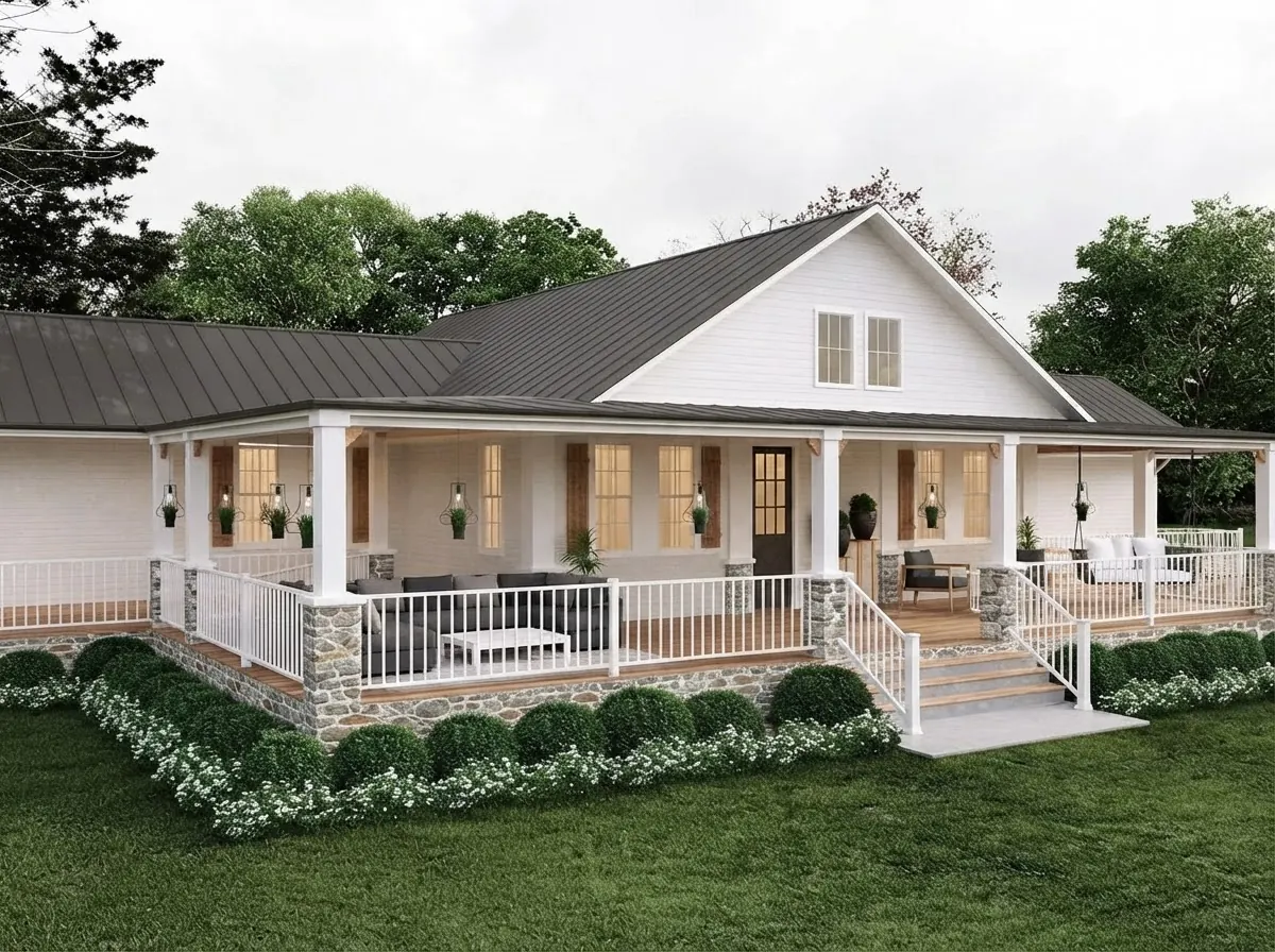 Single story white lap sided ranch with a deep wraparound porch on stone piers, white railings and a dark metal roof, with low boxwood planting in front