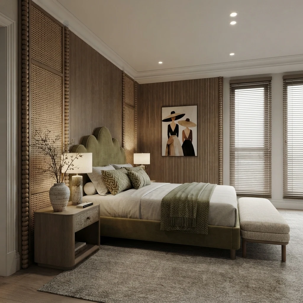 Bedroom with woven rattan style wall panels, a scalloped sage green upholstered headboard, cream bedding with a green throw and a bench at the foot of the bed