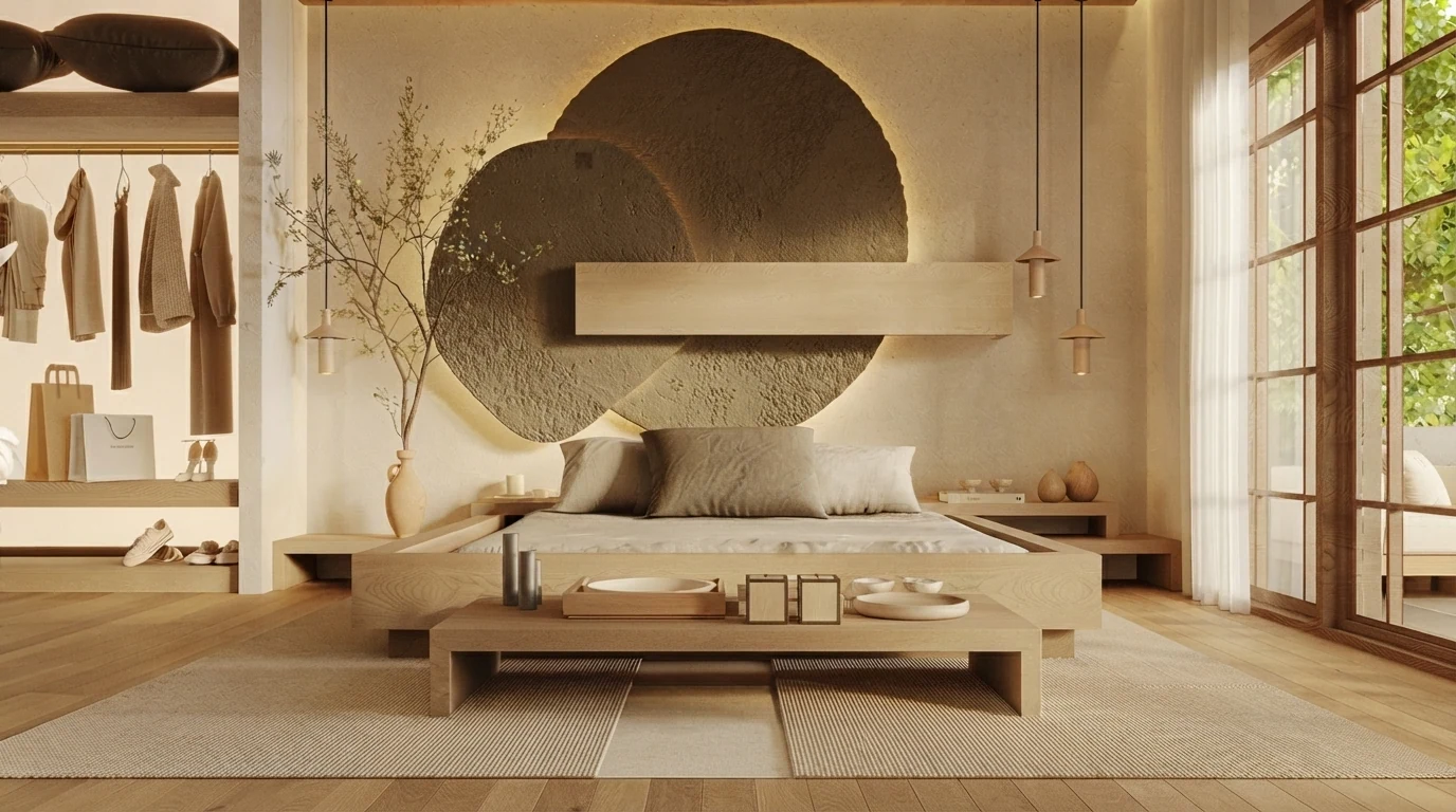 Japandi bedroom interior design: a low pale oak platform bed in front of a backlit circular plaster wall, an open wardrobe, a timber bench and tall timber-framed windows onto a garden