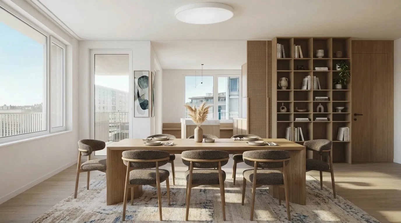 A modern dining room with warm light, an example of an interior clip in a real estate video reel