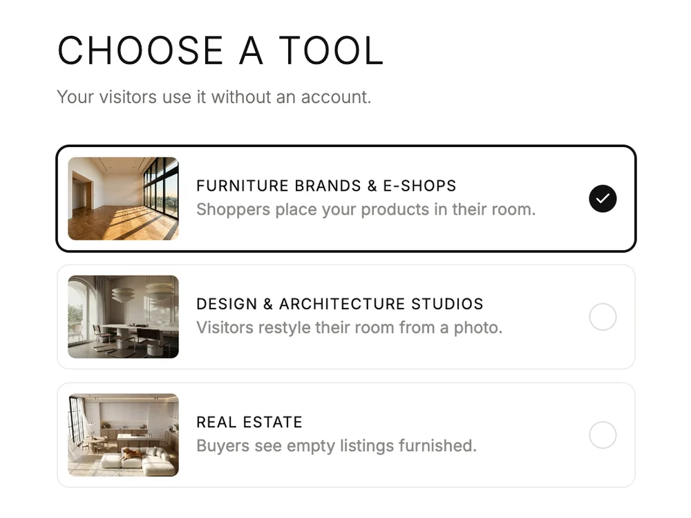 Step 1 of the embed builder: Furniture Brands & E-shops, Design & Architecture Studios or Real Estate