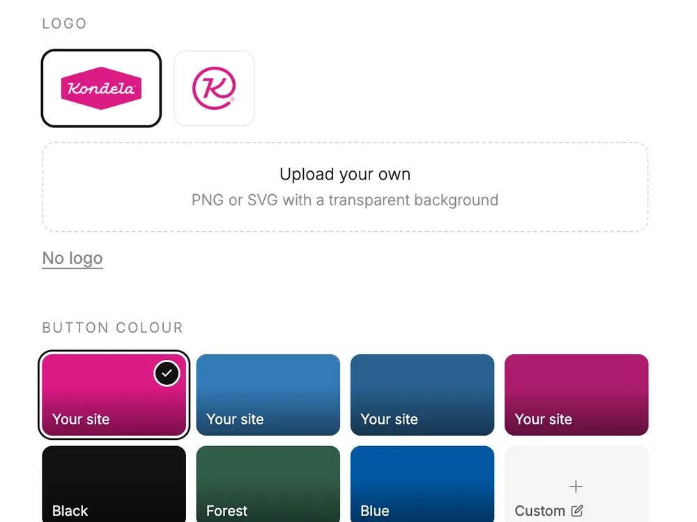 The Brand step with the Kondela logo and its pink button colour read from kondela.sk