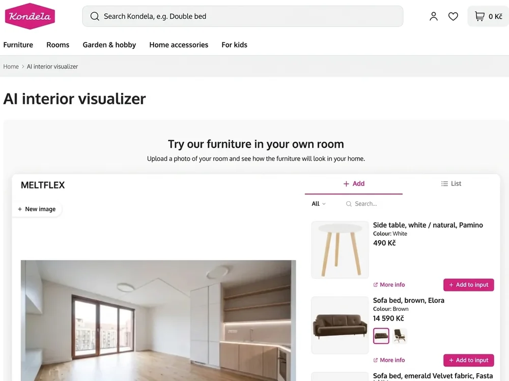 The MeltFlex embed live on the Kondela furniture shop: a room photo on the left, the shop's own products with prices on the right
