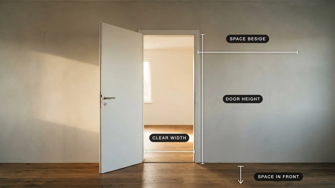 Photograph of an open interior door with the clear width, door height and the space beside and in front of it marked