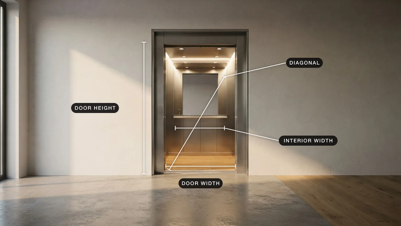 Photograph of a lift with open doors, showing the door width and height, the interior width and the interior diagonal