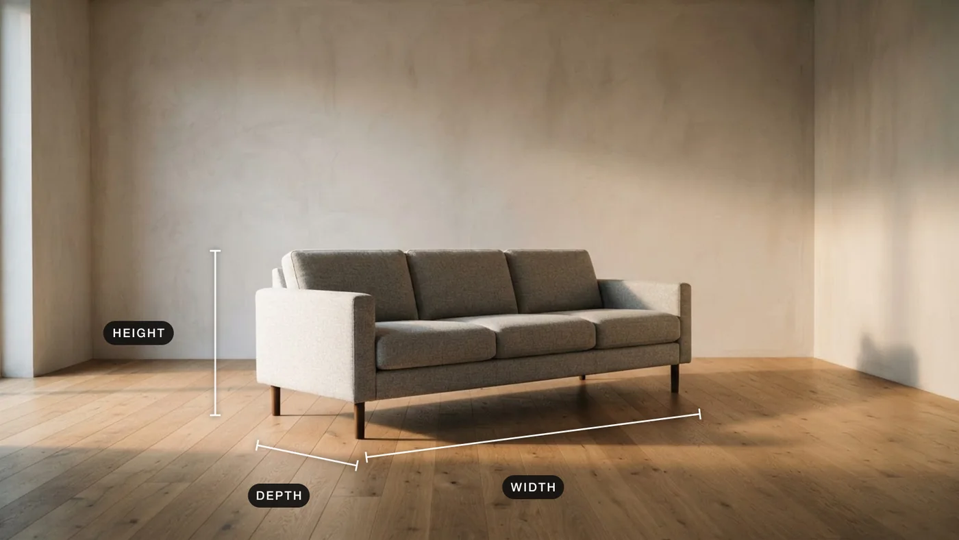 Photograph of a three-seat sofa in an empty room with its width, depth and height marked