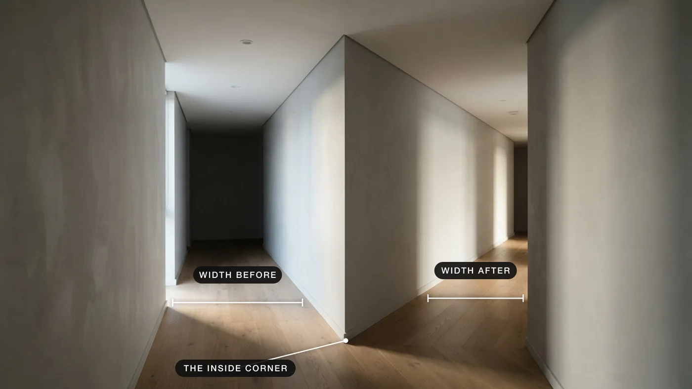 Photograph of a corridor making a ninety degree turn, with the width before and after the turn marked