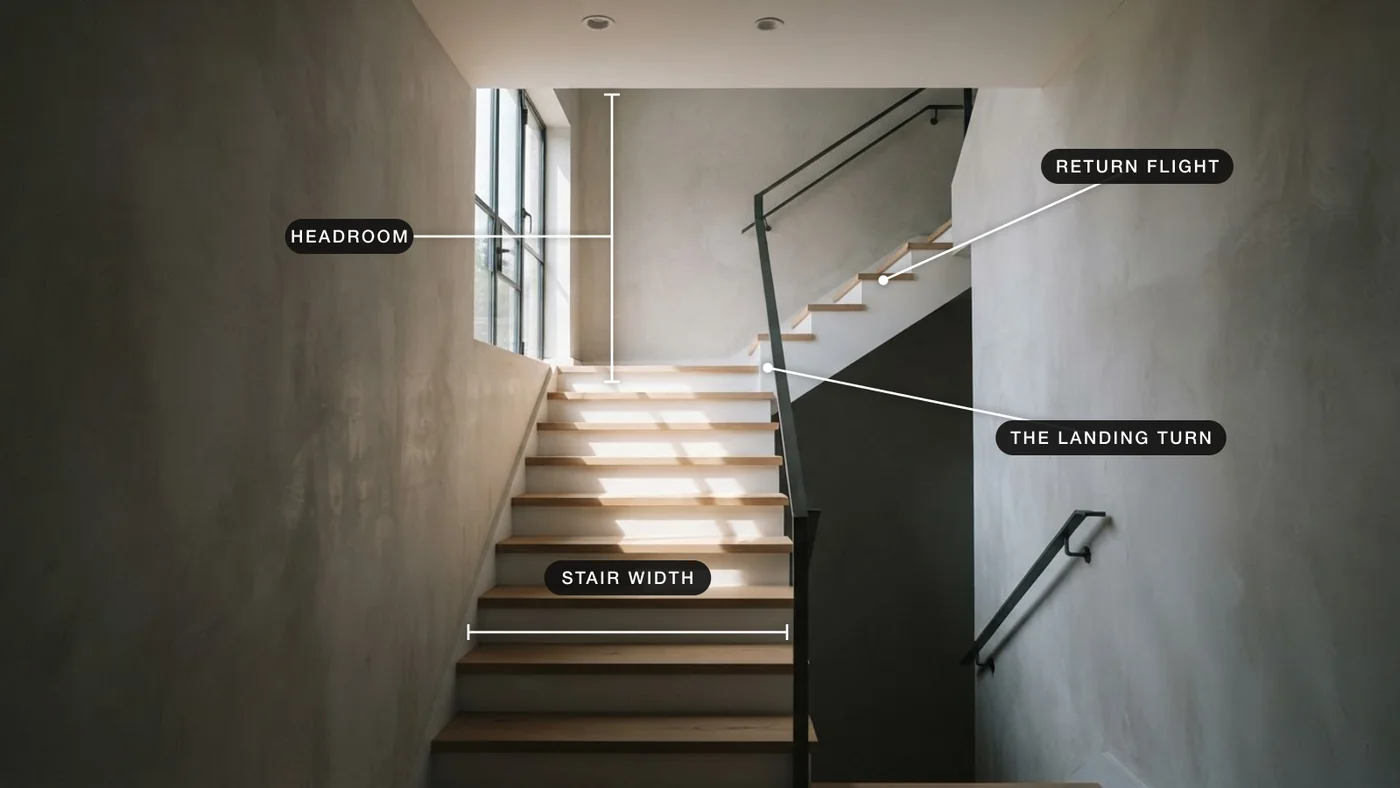 Photograph of a staircase with a landing turn, showing the stair width, headroom and the return flight