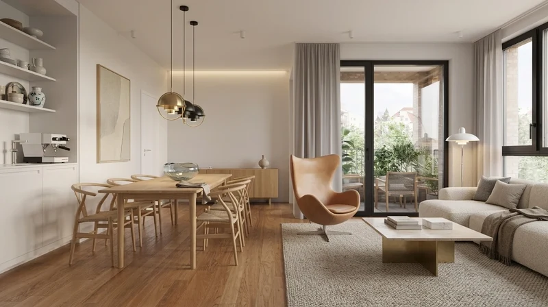 AI living room with leather chair and brass pendants