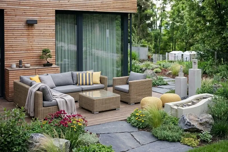 AI stylish outdoor space with rattan sofa