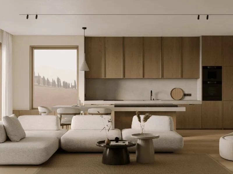 Japandi living room blending Japanese minimalism and Scandinavian warmth, with low oak furniture, a muted palette and deliberate empty space