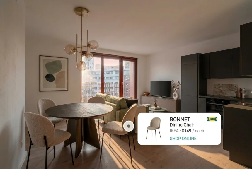 AI-designed dining room with IKEA furniture and product card overlay
