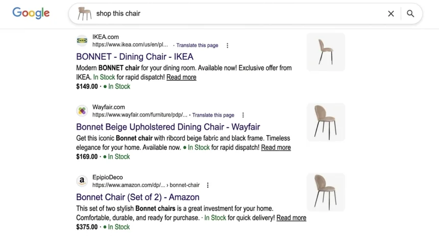 Google Shopping results showing real furniture from IKEA, Wayfair, and Amazon with pricing